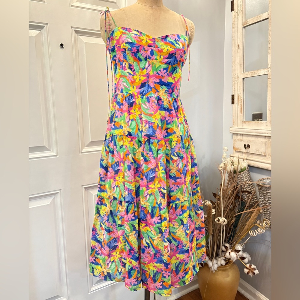 Amanda Uprichard Spaghetti Strap Midi Dress Large Romantic‎ Floral Tropical Chic